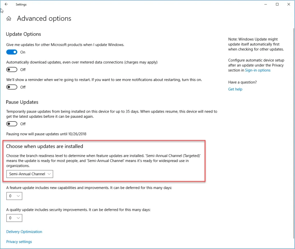 Windows 10 Advanced Update Options