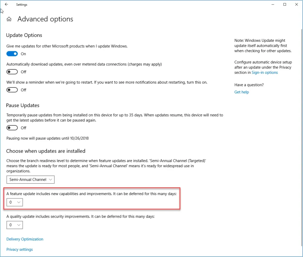 Feature Update Windows 10 Advanced Update Options