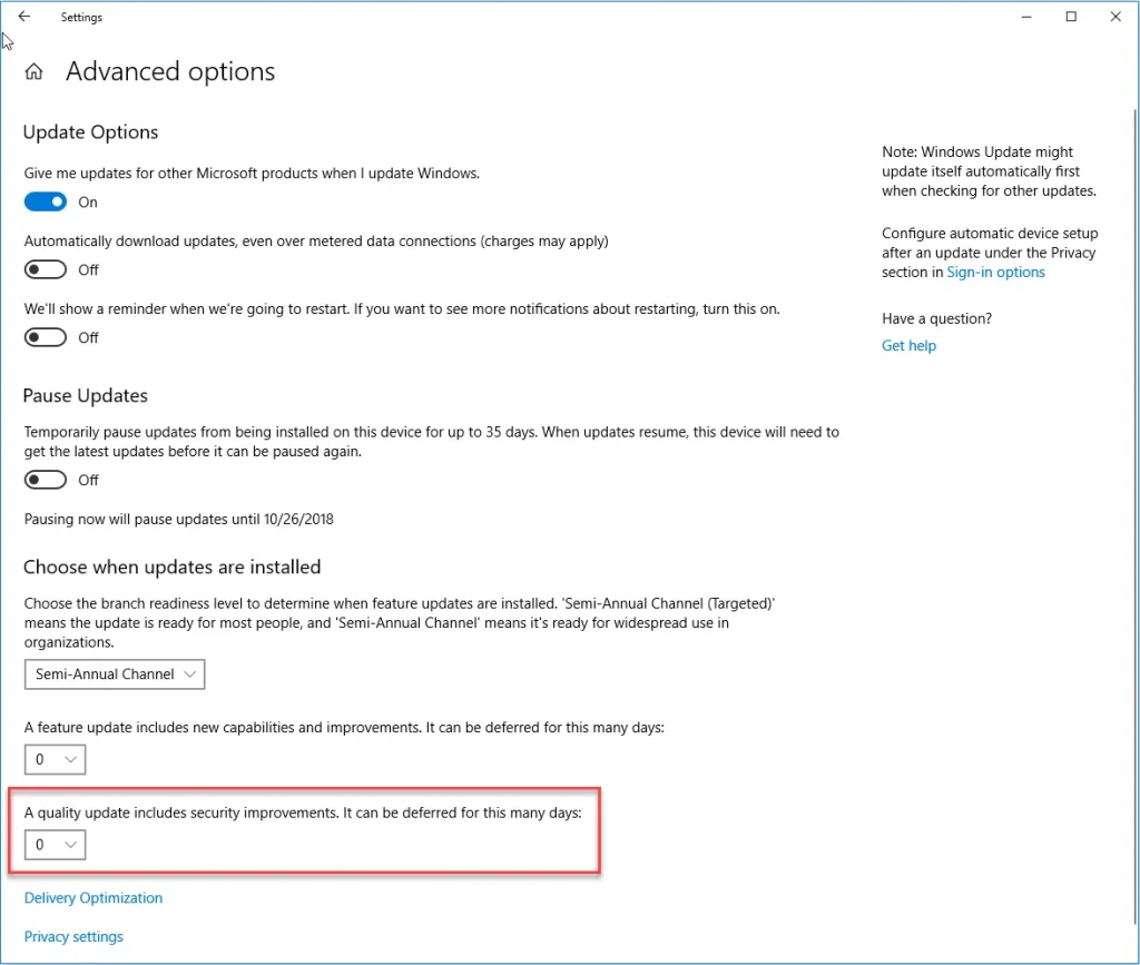 Feature Update Windows 10 Advanced Update Options