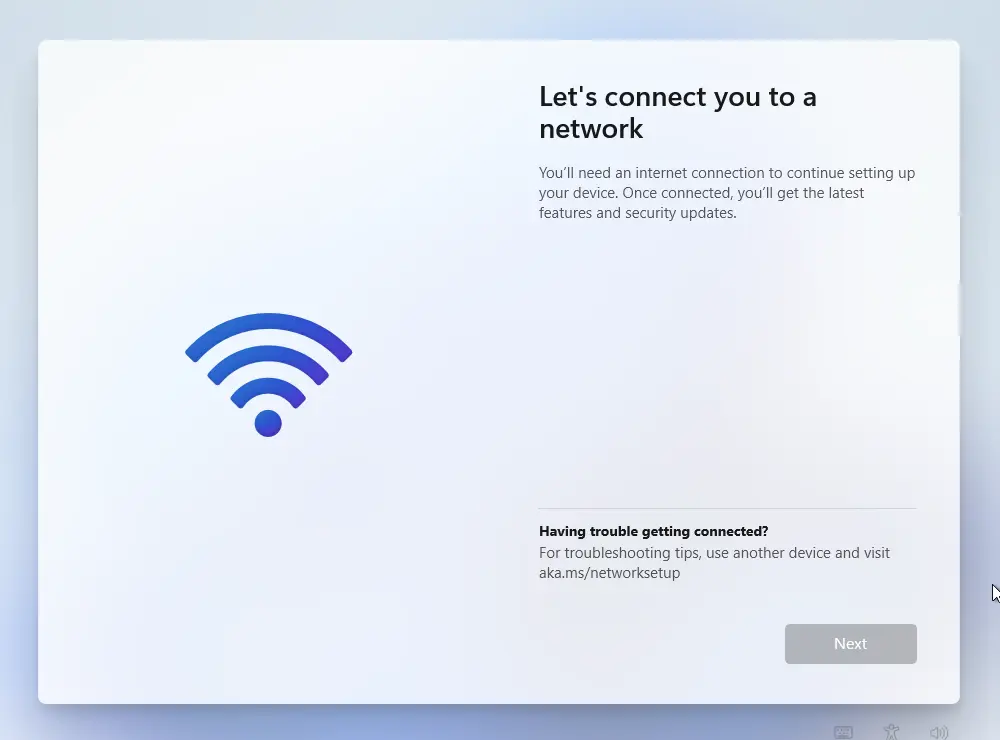Windows 11 Let's connect you to a network screen