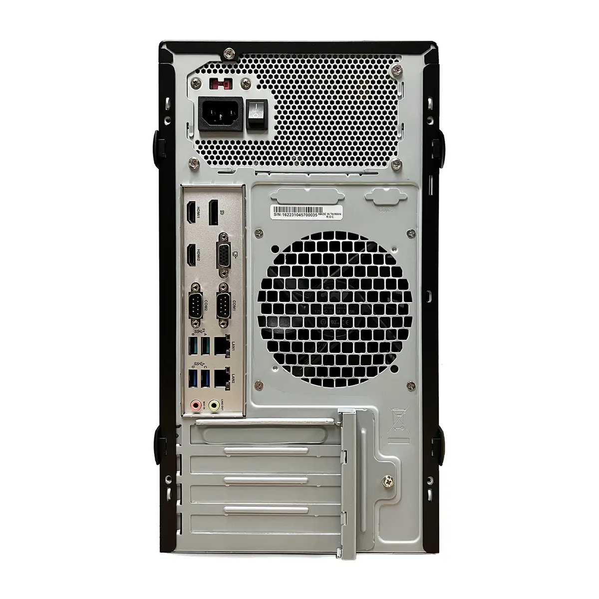 Rear of 2 PCI slot computer with I/O ports and expansion slots